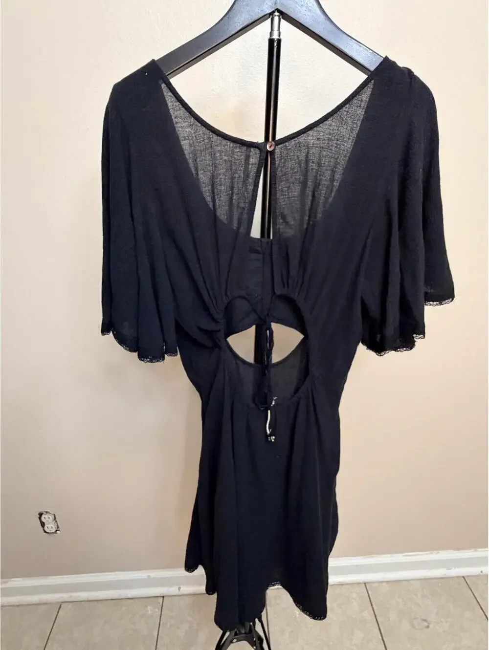 Free People Open Back Cutout Mini Dress Black Gauze Boho Festival Medium